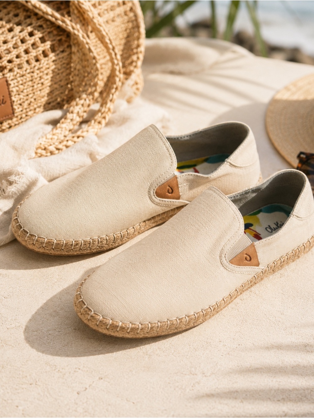 OluKai Kaula Pa’a Kapa Espadrille Slip On Shoes Natural Linen W 8.5 EU 38.5